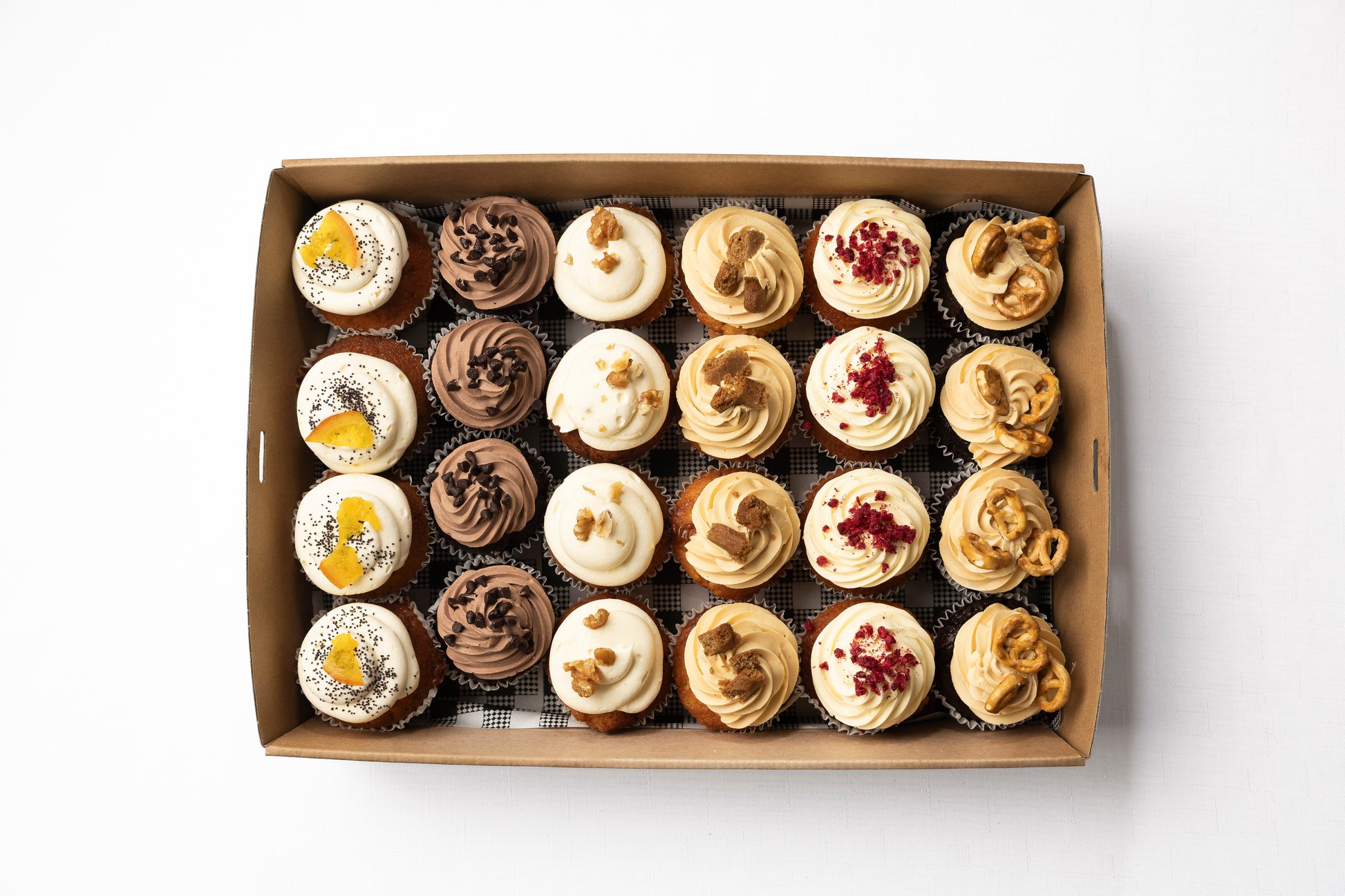 A box of 24 cupcakes in a variety of flavours